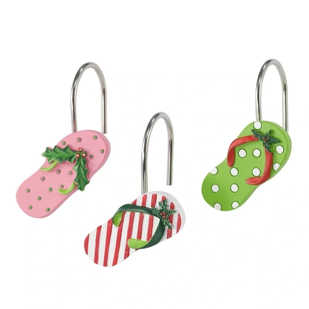 Festive Flip Flop Shower Curtain Hooks 12 Piece Set NEW! Coastal Christmas